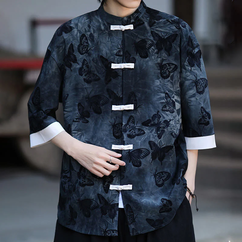 Camicia da uomo a maniche a tre quarti in cotone con colletto alla coreana e motivo a farfalla jacquard Buddha Stones, colore bianco, con bottoni a forma di rana. - Image 17