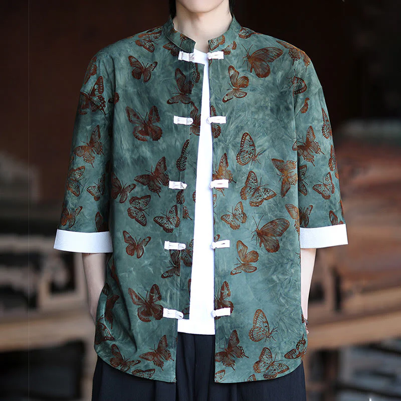 Camicia da uomo a maniche a tre quarti in cotone con colletto alla coreana e motivo a farfalla jacquard Buddha Stones, colore bianco, con bottoni a forma di rana. - Image 3