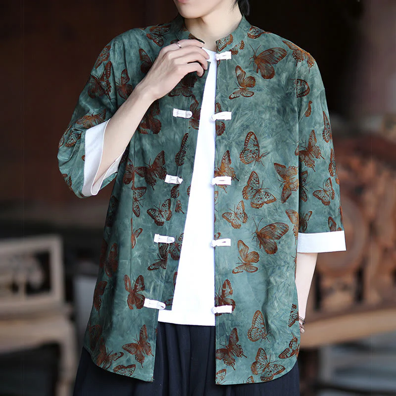 Camicia da uomo a maniche a tre quarti in cotone con colletto alla coreana e motivo a farfalla jacquard Buddha Stones, colore bianco, con bottoni a forma di rana. - Image 4