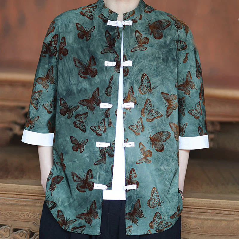 Camicia da uomo a maniche a tre quarti in cotone con colletto alla coreana e motivo a farfalla jacquard Buddha Stones, colore bianco, con bottoni a forma di rana. - Image 5