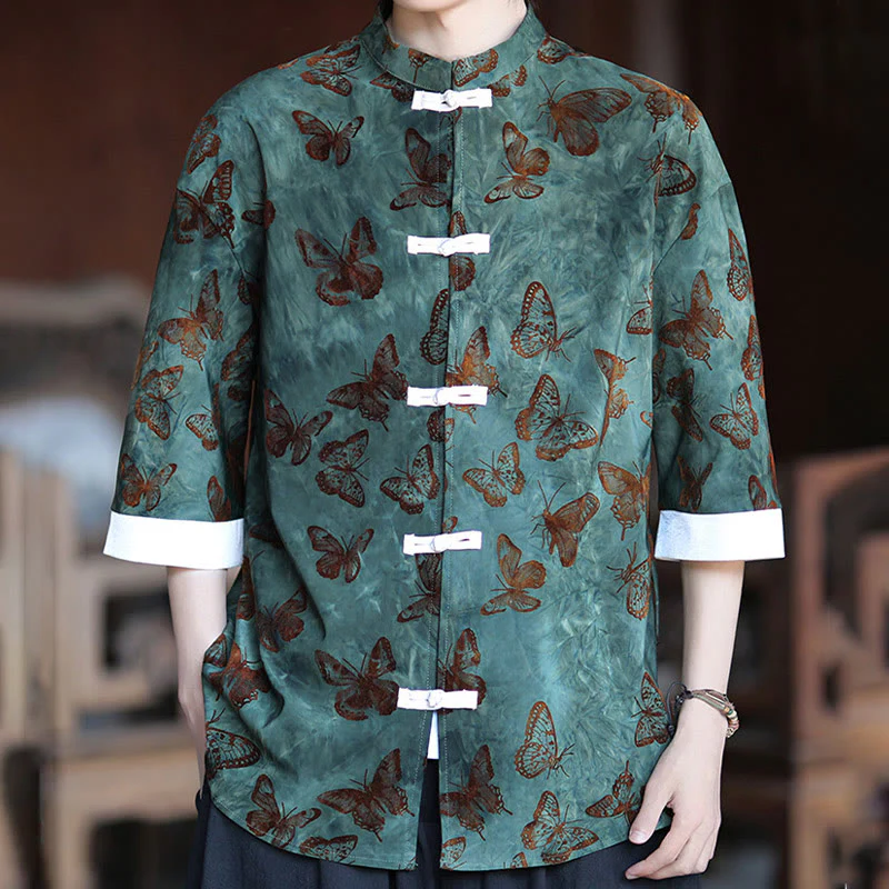 Camicia da uomo a maniche a tre quarti in cotone con colletto alla coreana e motivo a farfalla jacquard Buddha Stones, colore bianco, con bottoni a forma di rana. - Image 6