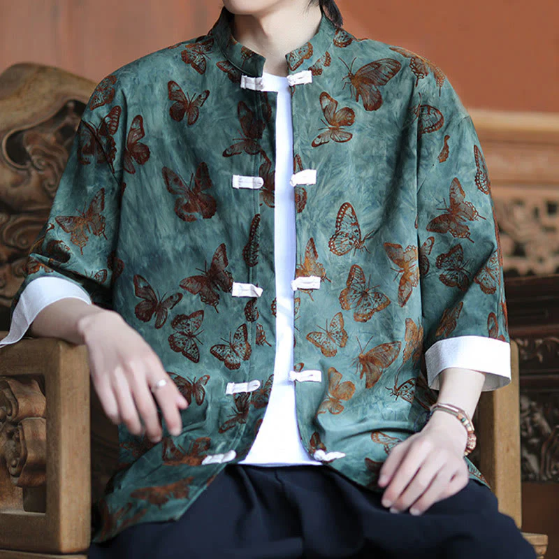 Camicia da uomo a maniche a tre quarti in cotone con colletto alla coreana e motivo a farfalla jacquard Buddha Stones, colore bianco, con bottoni a forma di rana. - Image 7