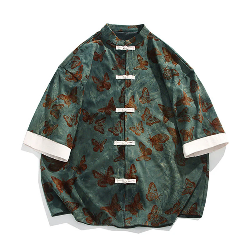 Camicia da uomo a maniche a tre quarti in cotone con colletto alla coreana e motivo a farfalla jacquard Buddha Stones, colore bianco, con bottoni a forma di rana. - Image 8