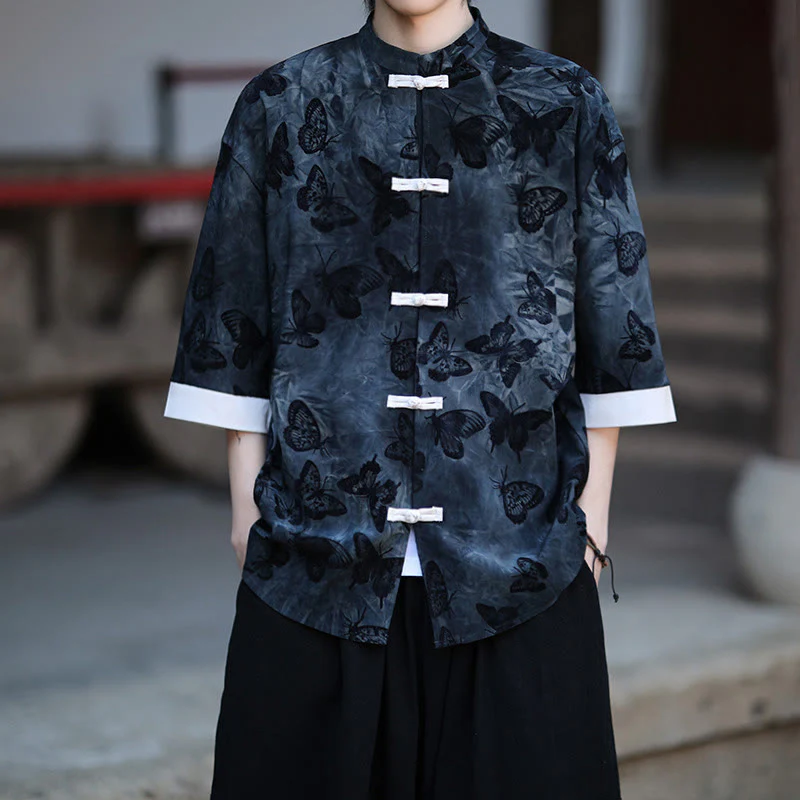 Camicia da uomo a maniche a tre quarti in cotone con colletto alla coreana e motivo a farfalla jacquard Buddha Stones, colore bianco, con bottoni a forma di rana. - Image 9