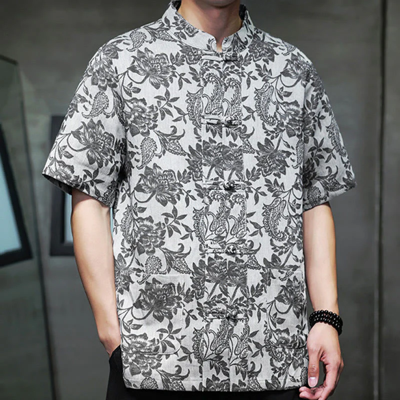 Camicia da uomo in cotone con tasche, motivo floreale paisley jacquard Buddha Stones Casual e bottoni a forma di rana. - Image 25