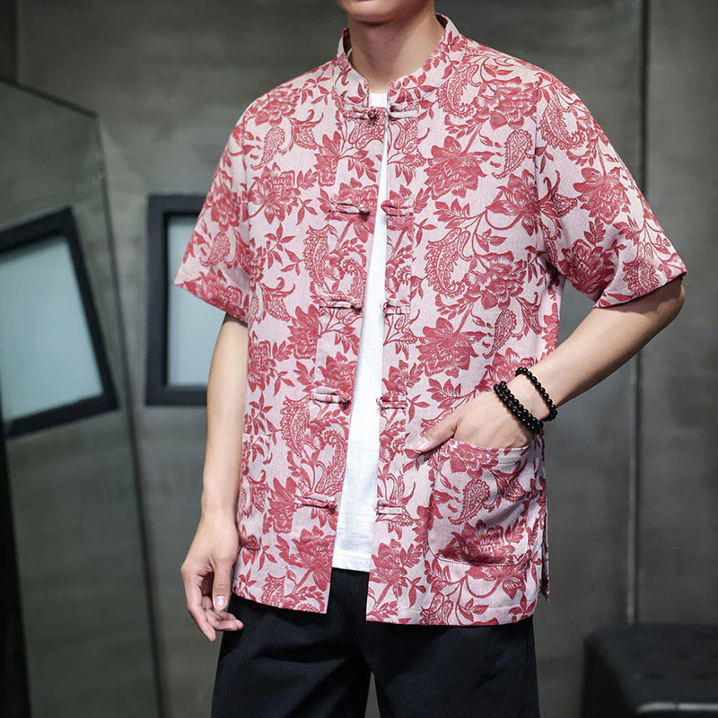 Camicia da uomo in cotone con tasche, motivo floreale paisley jacquard Buddha Stones Casual e bottoni a forma di rana. - Image 6