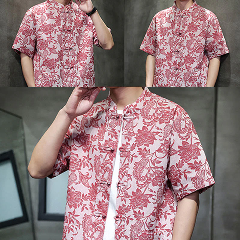Camicia da uomo in cotone con tasche, motivo floreale paisley jacquard Buddha Stones Casual e bottoni a forma di rana. - Image 9