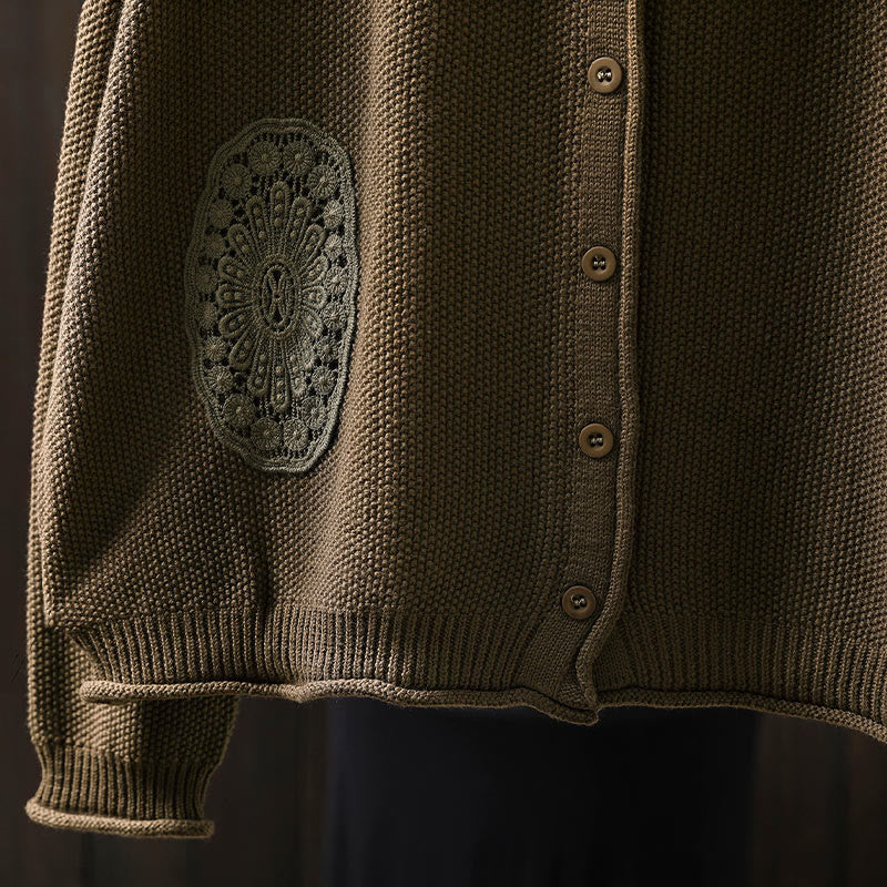 Cardigan lavorato a maglia a maniche lunghe in cotone con bottoni floreali autunnali Buddha Stones da donna - Image 11