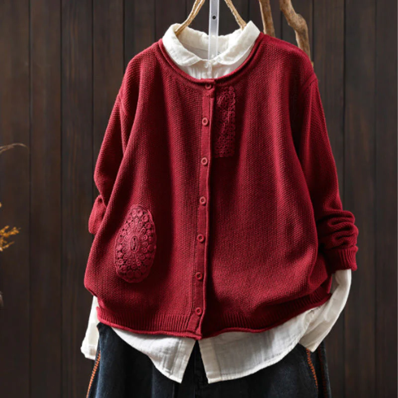 Cardigan lavorato a maglia a maniche lunghe in cotone con bottoni floreali autunnali Buddha Stones da donna - Image 17