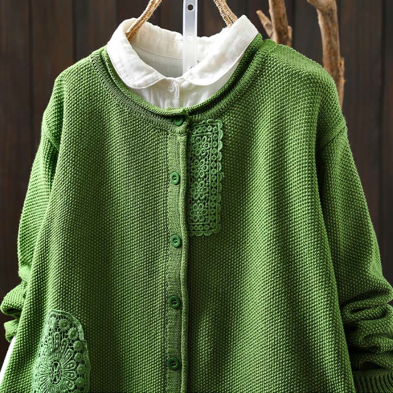 Cardigan lavorato a maglia a maniche lunghe in cotone con bottoni floreali autunnali Buddha Stones da donna - Image 24