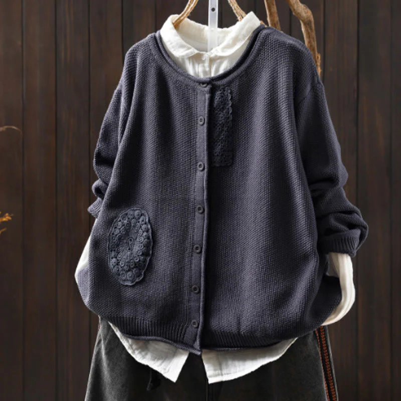 Cardigan lavorato a maglia a maniche lunghe in cotone con bottoni floreali autunnali Buddha Stones da donna - Image 26