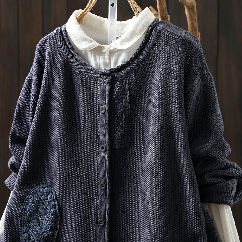 Cardigan lavorato a maglia a maniche lunghe in cotone con bottoni floreali autunnali Buddha Stones da donna - Image 27