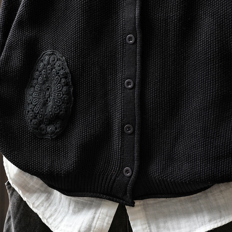 Cardigan lavorato a maglia a maniche lunghe in cotone con bottoni floreali autunnali Buddha Stones da donna - Image 31