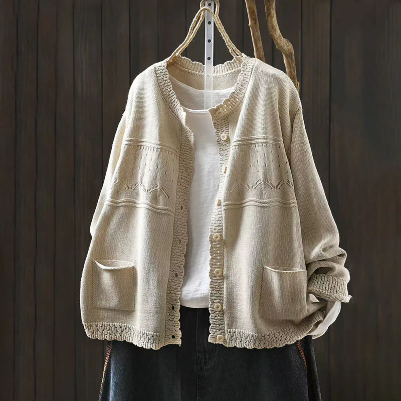 Cardigan lavorato a maglia a maniche lunghe in cotone con bottoni in pizzo autunnale Buddha Stones da donna con tasche - Image 15