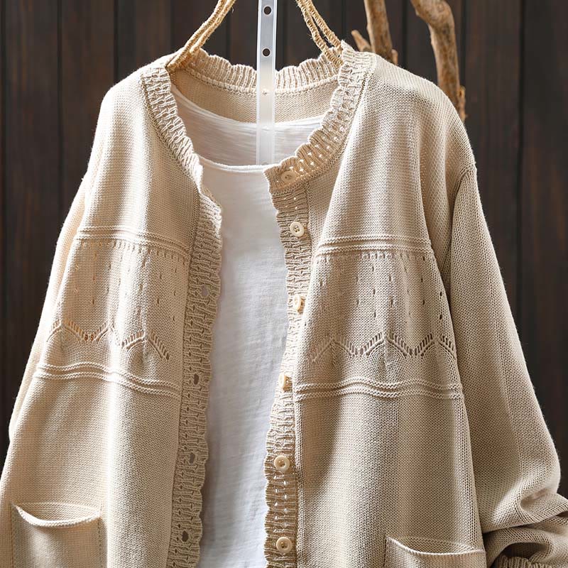 Cardigan lavorato a maglia a maniche lunghe in cotone con bottoni in pizzo autunnale Buddha Stones da donna con tasche - Image 16