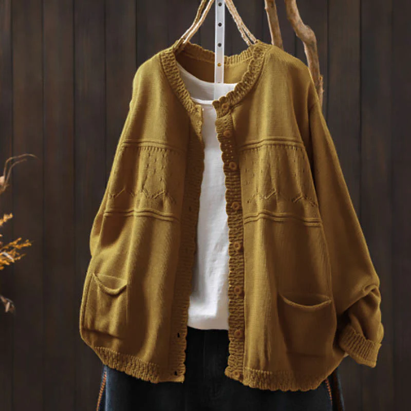 Cardigan lavorato a maglia a maniche lunghe in cotone con bottoni in pizzo autunnale Buddha Stones da donna con tasche - Image 17