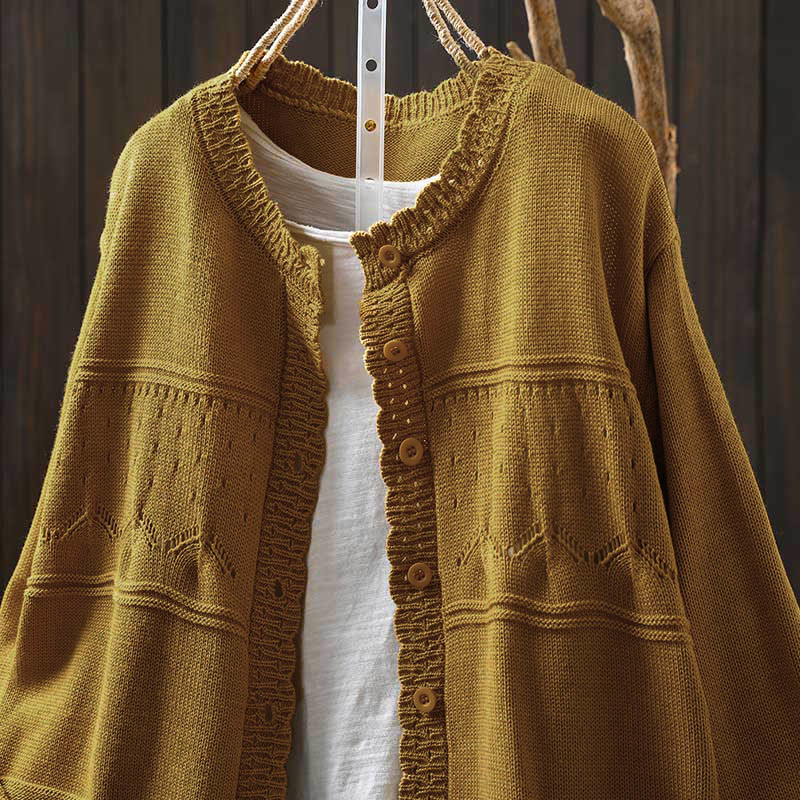 Cardigan lavorato a maglia a maniche lunghe in cotone con bottoni in pizzo autunnale Buddha Stones da donna con tasche - Image 18