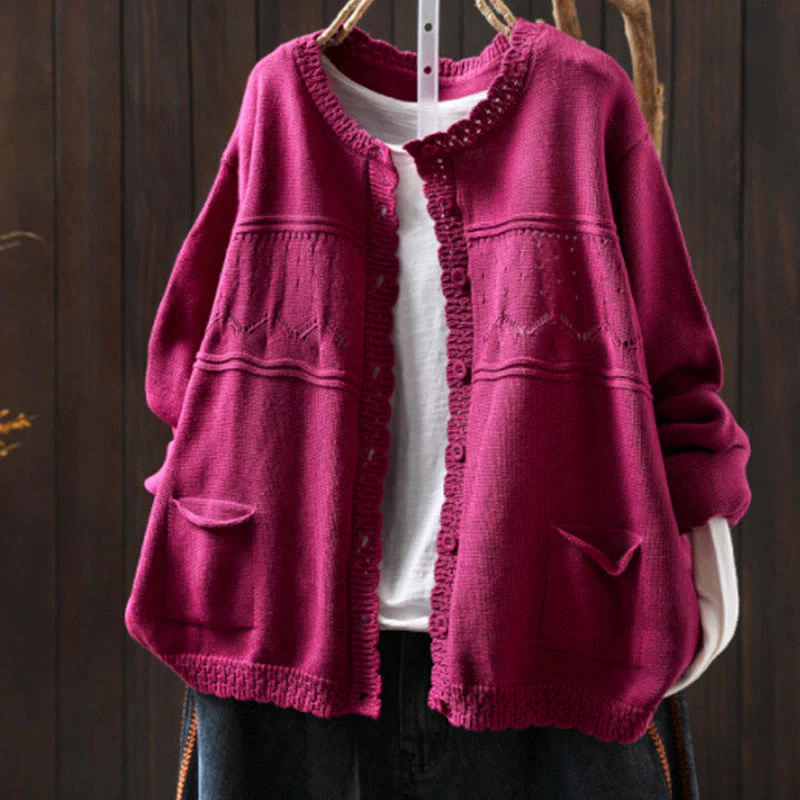 Cardigan lavorato a maglia a maniche lunghe in cotone con bottoni in pizzo autunnale Buddha Stones da donna con tasche - Image 19