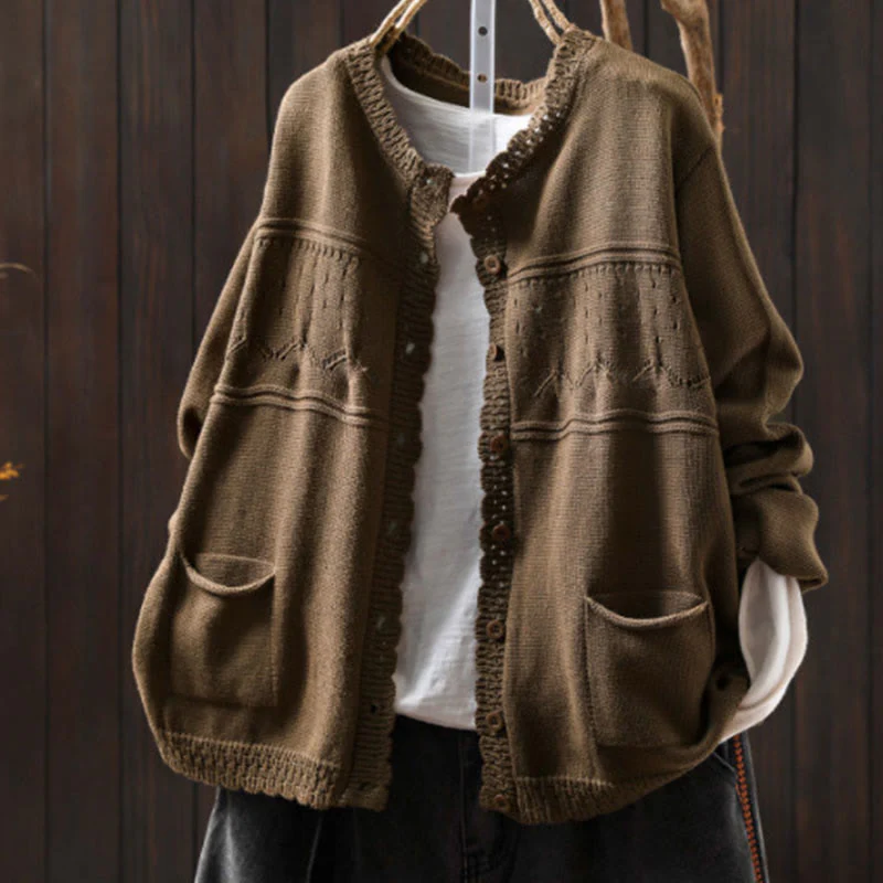 Cardigan lavorato a maglia a maniche lunghe in cotone con bottoni in pizzo autunnale Buddha Stones da donna con tasche - Image 22