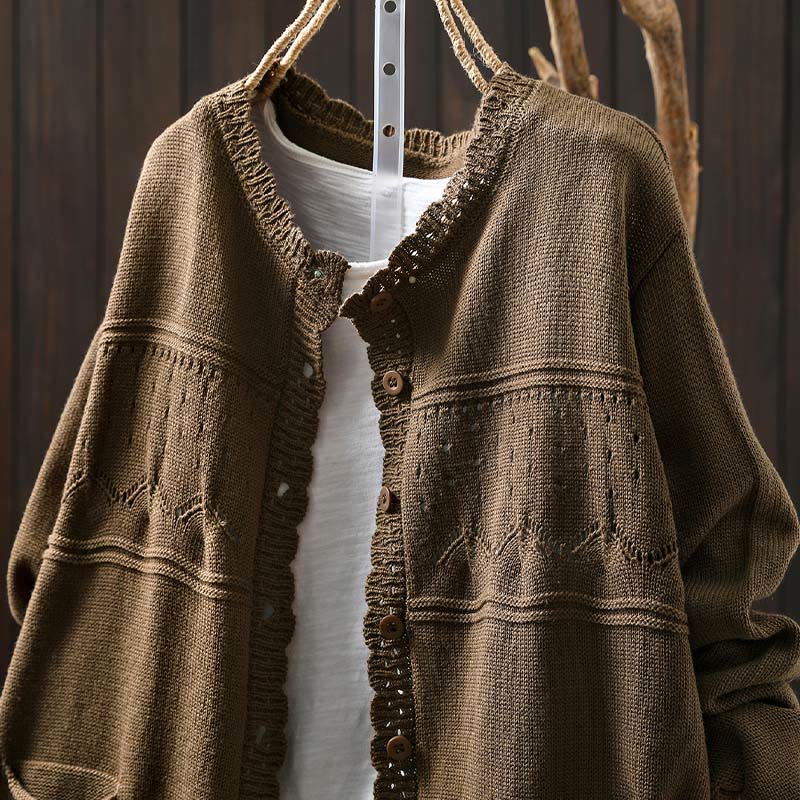 Cardigan lavorato a maglia a maniche lunghe in cotone con bottoni in pizzo autunnale Buddha Stones da donna con tasche - Image 23