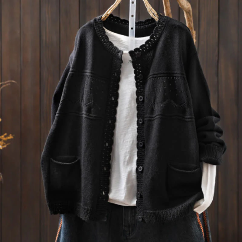 Cardigan lavorato a maglia a maniche lunghe in cotone con bottoni in pizzo autunnale Buddha Stones da donna con tasche - Image 24