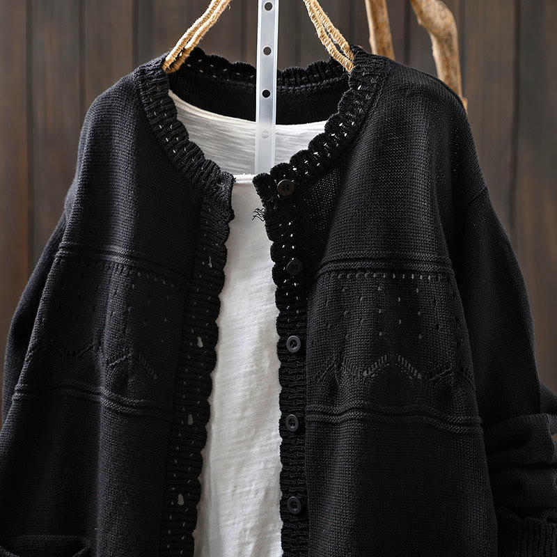 Cardigan lavorato a maglia a maniche lunghe in cotone con bottoni in pizzo autunnale Buddha Stones da donna con tasche - Image 25