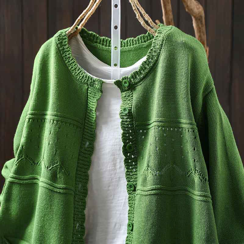 Cardigan lavorato a maglia a maniche lunghe in cotone con bottoni in pizzo autunnale Buddha Stones da donna con tasche - Image 26