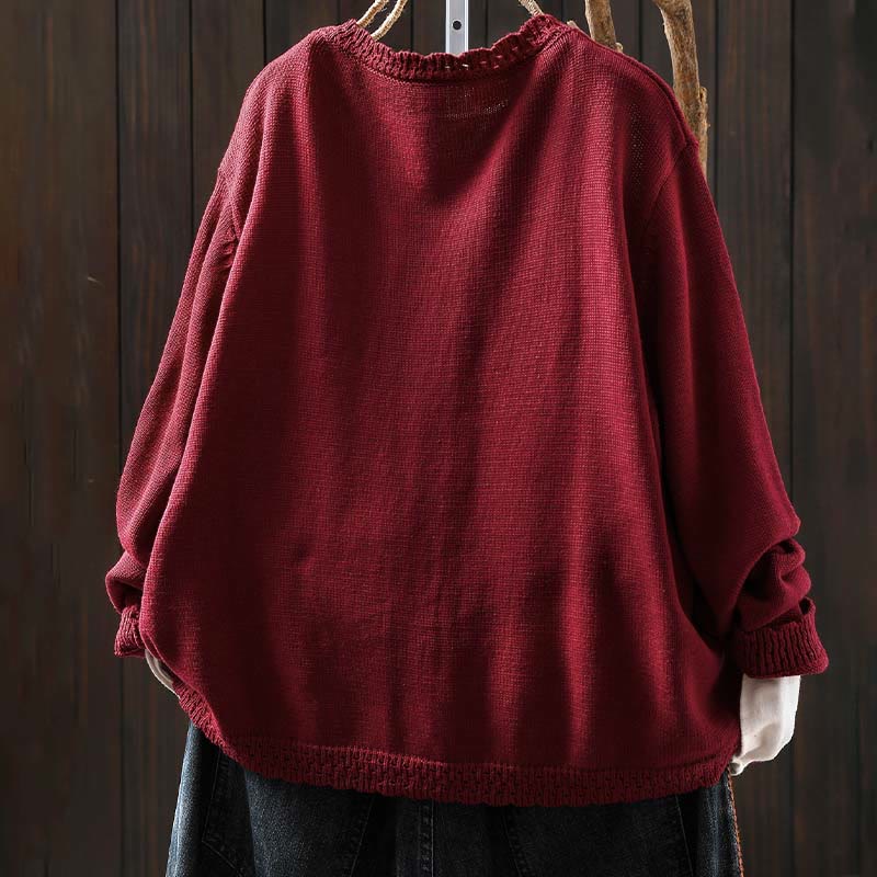 Cardigan lavorato a maglia a maniche lunghe in cotone con bottoni in pizzo autunnale Buddha Stones da donna con tasche - Image 3