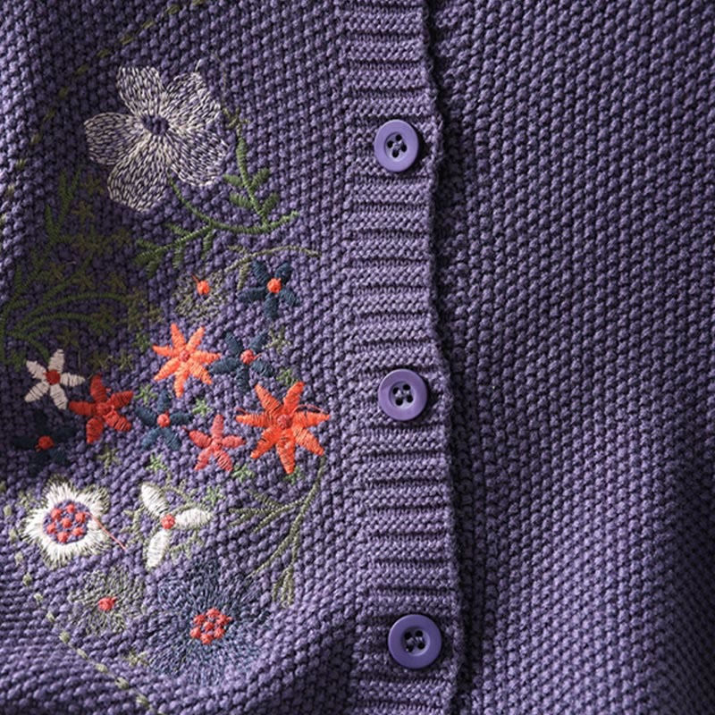 Cardigan lavorato a maglia a maniche lunghe in cotone con bottoni ricamati floreali con Buddha Stones da donna - Image 11