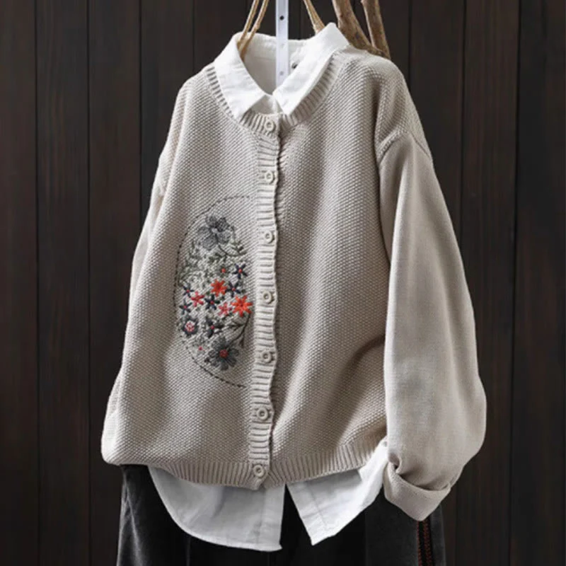 Cardigan lavorato a maglia a maniche lunghe in cotone con bottoni ricamati floreali con Buddha Stones da donna - Image 15