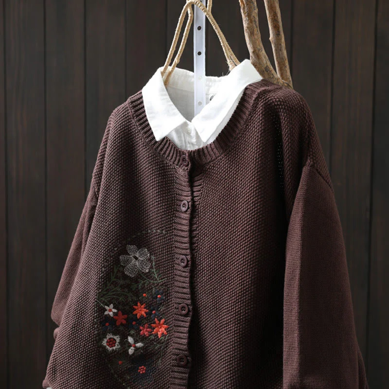Cardigan lavorato a maglia a maniche lunghe in cotone con bottoni ricamati floreali con Buddha Stones da donna - Image 18