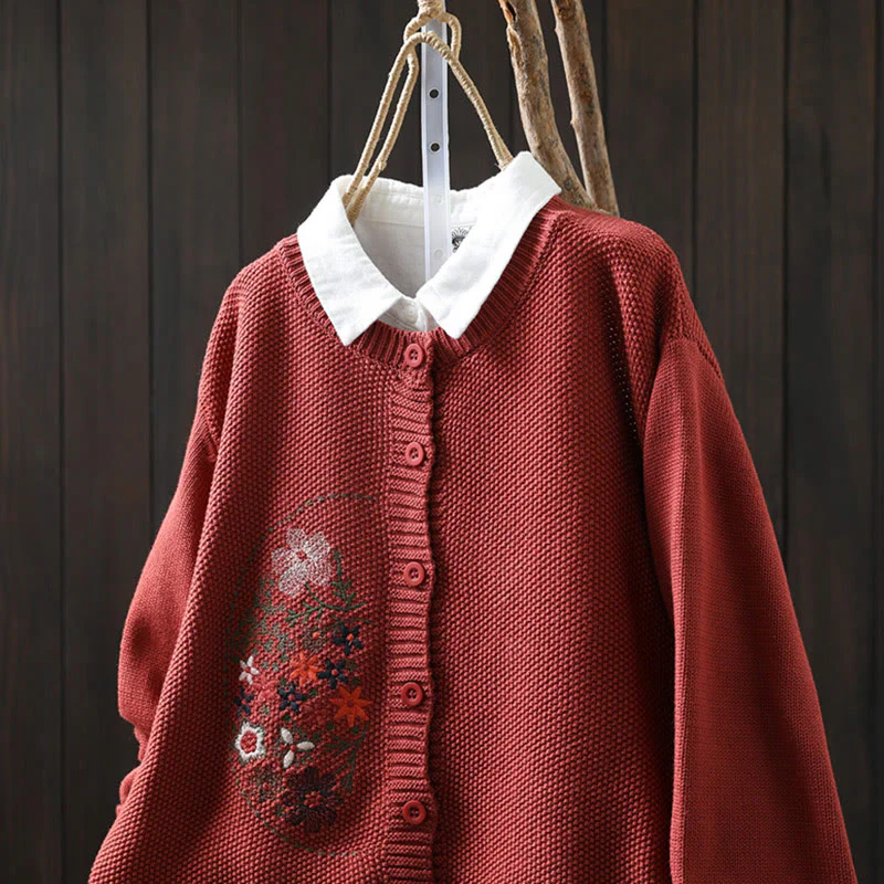 Cardigan lavorato a maglia a maniche lunghe in cotone con bottoni ricamati floreali con Buddha Stones da donna - Image 20