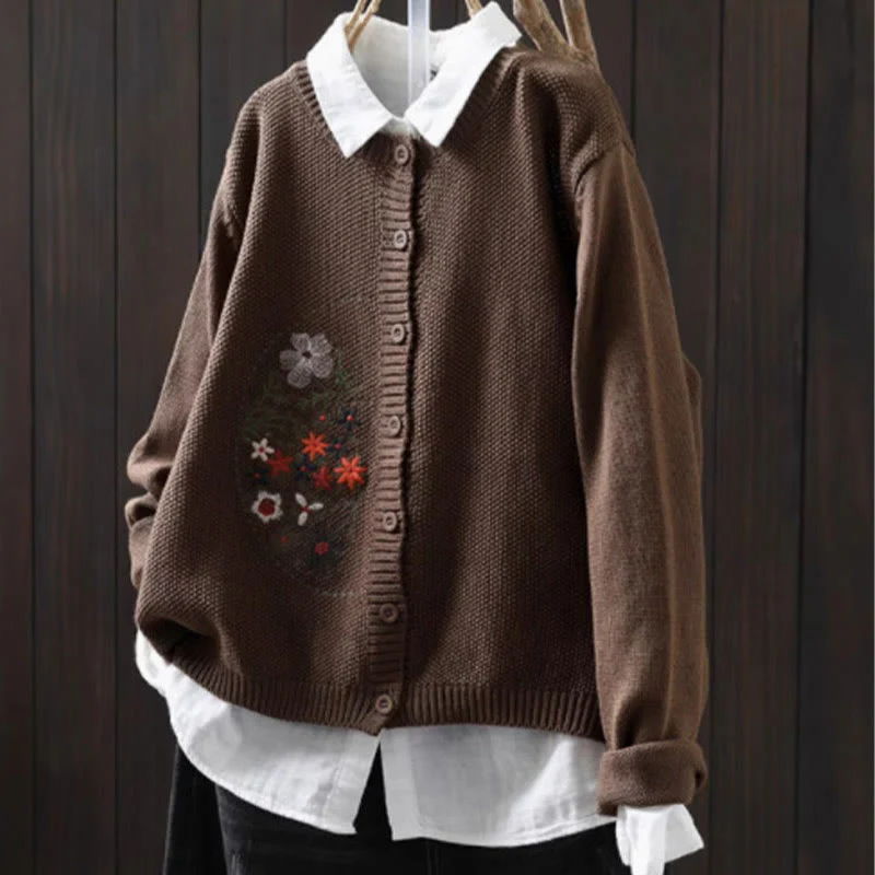 Cardigan lavorato a maglia a maniche lunghe in cotone con bottoni ricamati floreali con Buddha Stones da donna - Image 21