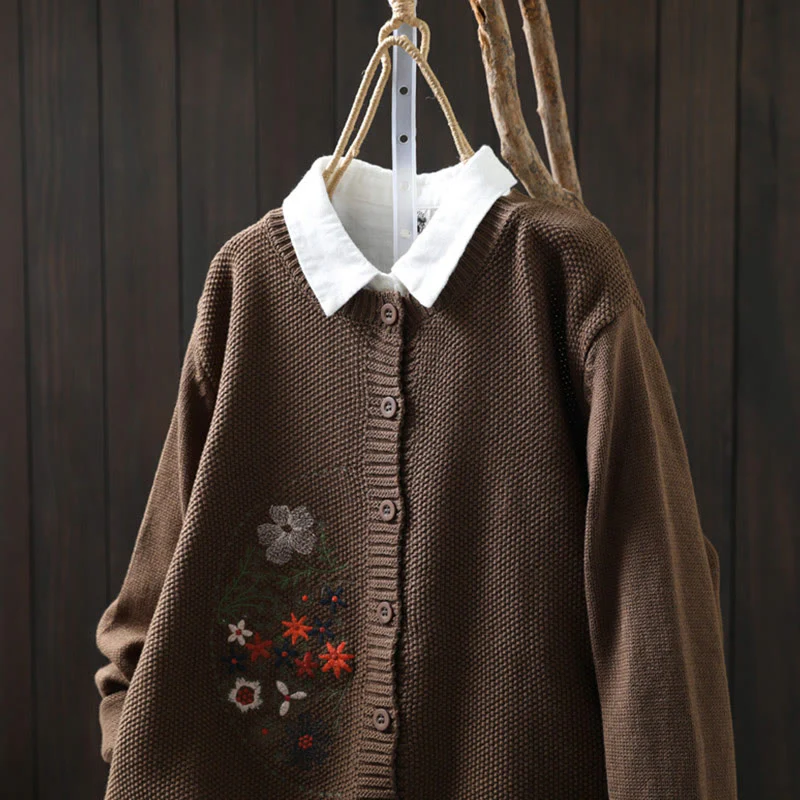 Cardigan lavorato a maglia a maniche lunghe in cotone con bottoni ricamati floreali con Buddha Stones da donna - Image 22