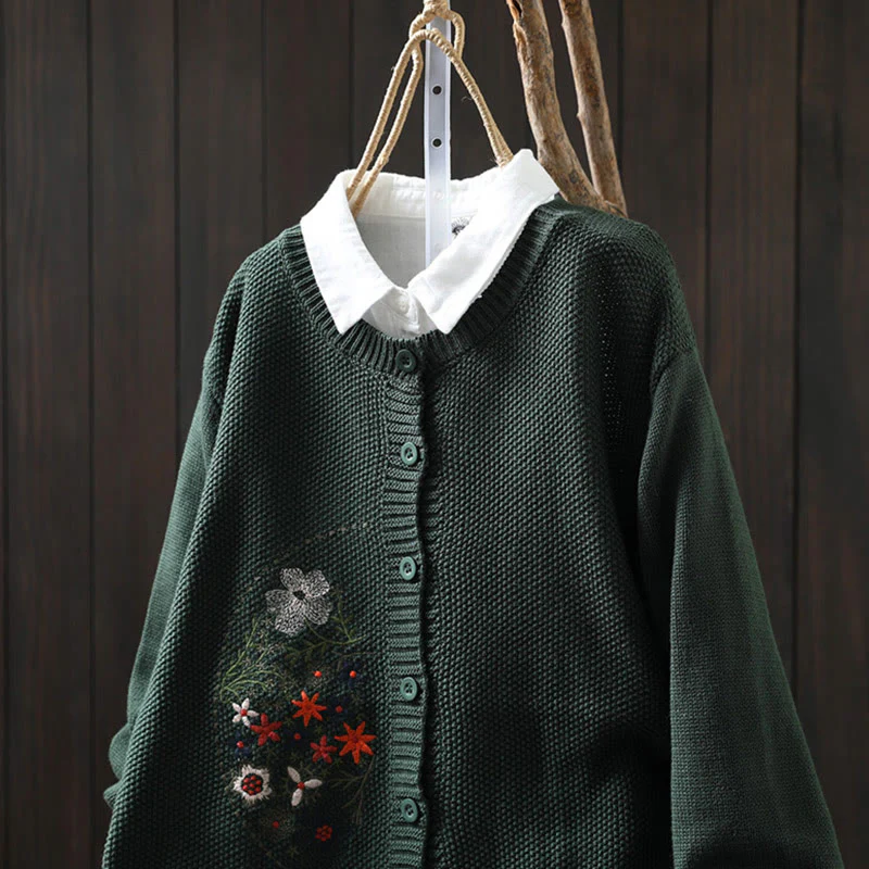 Cardigan lavorato a maglia a maniche lunghe in cotone con bottoni ricamati floreali con Buddha Stones da donna - Image 24