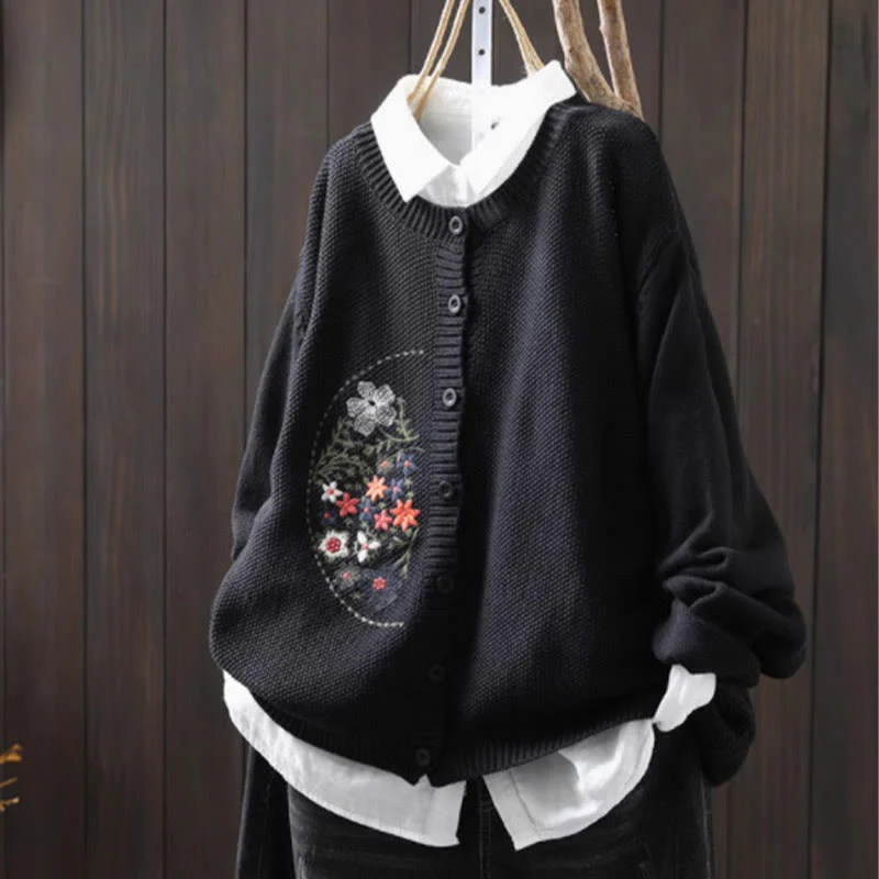 Cardigan lavorato a maglia a maniche lunghe in cotone con bottoni ricamati floreali con Buddha Stones da donna - Image 25