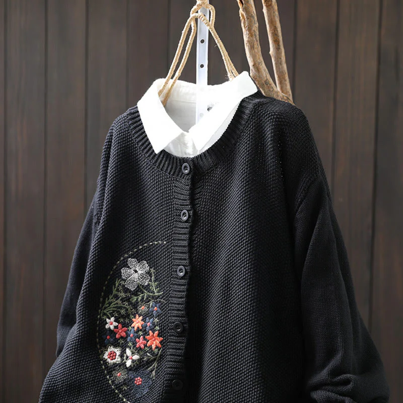 Cardigan lavorato a maglia a maniche lunghe in cotone con bottoni ricamati floreali con Buddha Stones da donna - Image 26