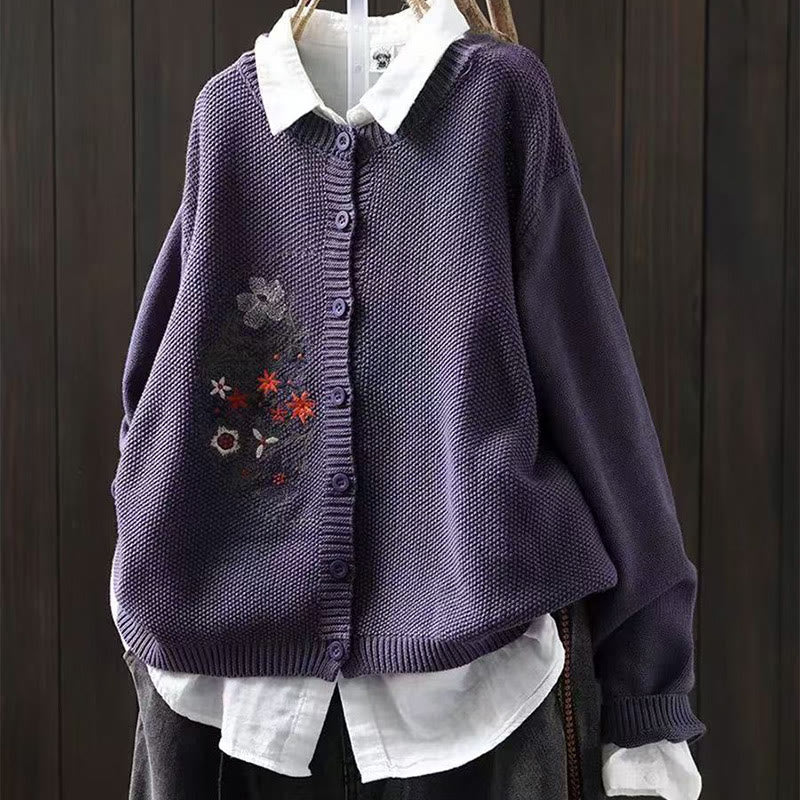 Cardigan lavorato a maglia a maniche lunghe in cotone con bottoni ricamati floreali con Buddha Stones da donna - Image 5