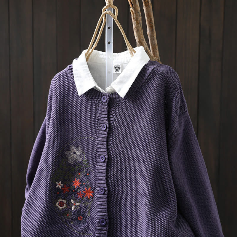 Cardigan lavorato a maglia a maniche lunghe in cotone con bottoni ricamati floreali con Buddha Stones da donna - Image 8