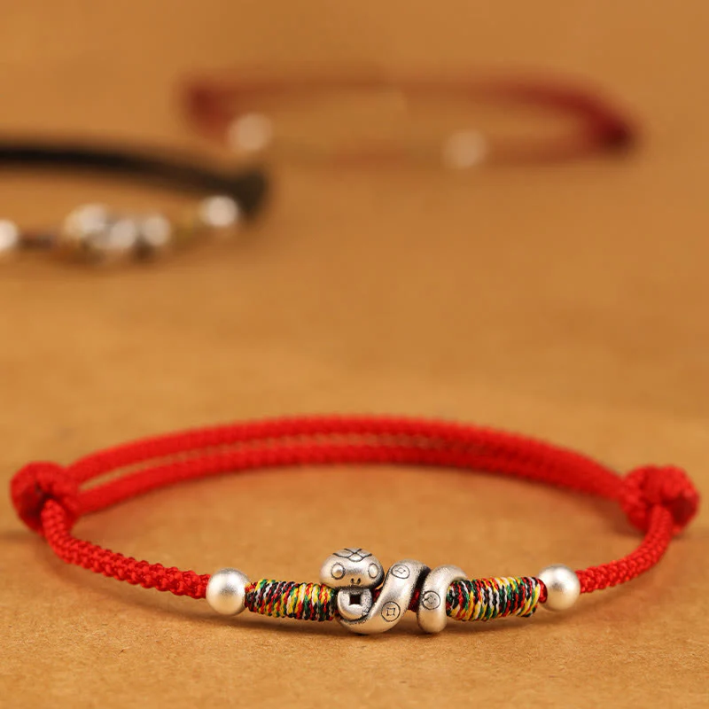 Cavigliera con corda rossa in argento sterling 999, anno del serpente, Buddha Stones - Image 3