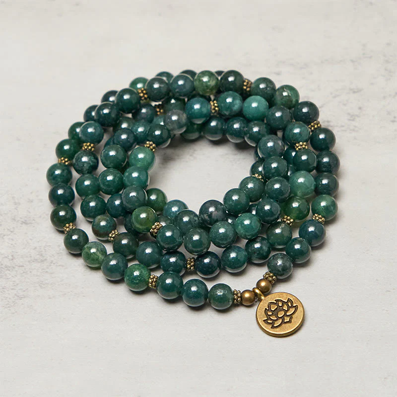 Ciondolo con perlina rotonda in agata muschiata, simbolo del loto , Buddha Stones, guarigione Mala - Image 2