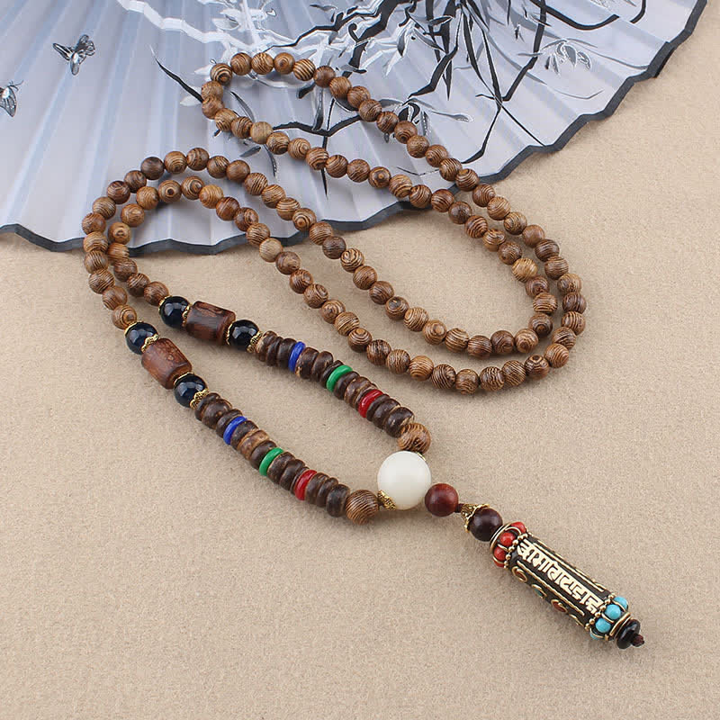Ciondolo per collana in legno di wenge con Buddha Stones tibetano Om Mani Padme Hum Dzi