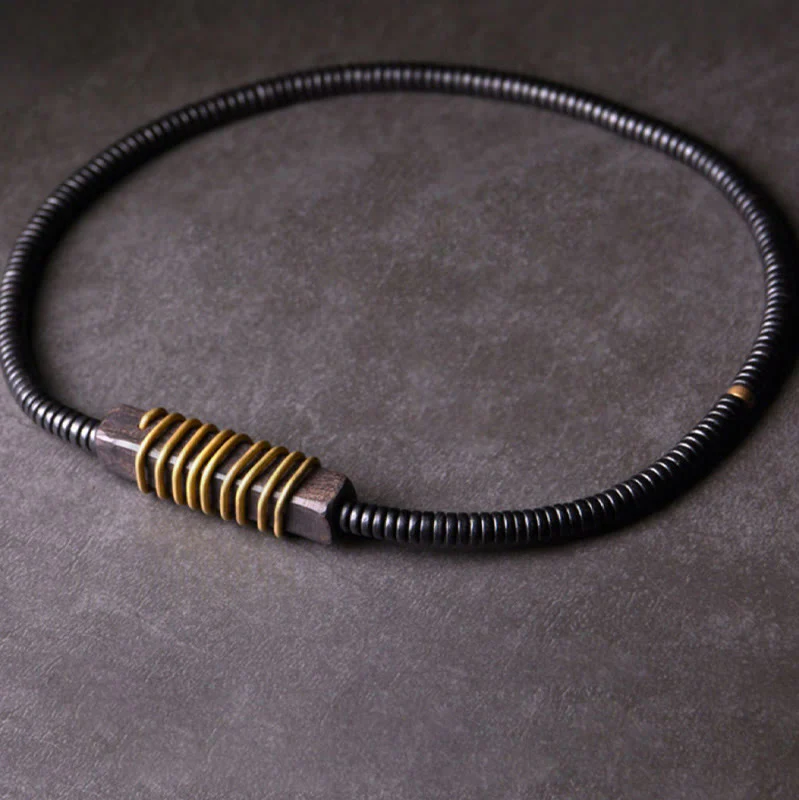 Collana con bracciale a doppio giro in Buddha Stones, in legno di ebano, in ottone e rame, con sfera di equilibrio cubica - Image 17