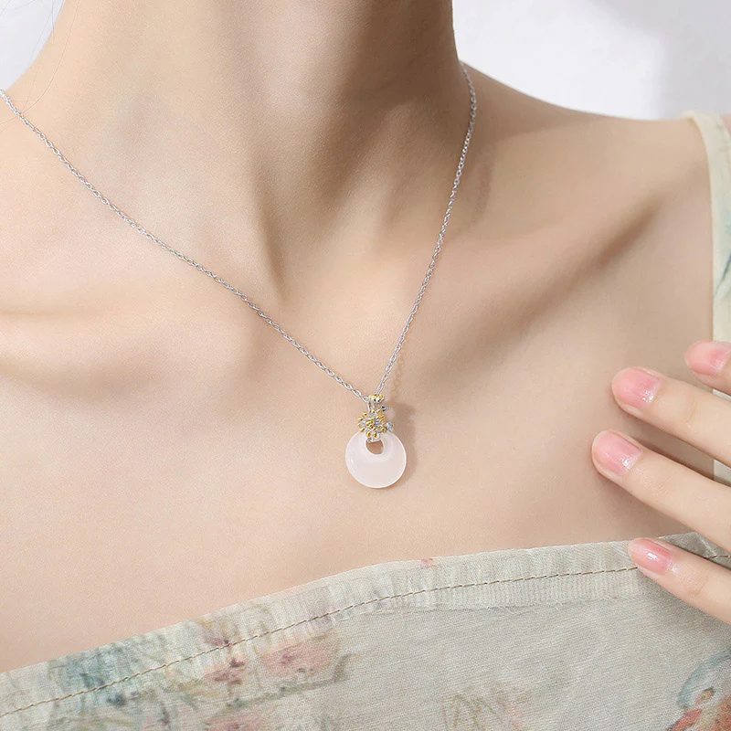 Collana con Buddha Stones in argento sterling 925, ciondolo rotondo in calcedonio con fiori di dodici mesi, armonia - Image 12