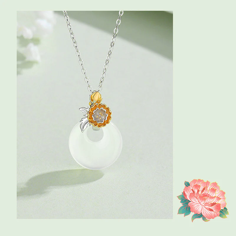Collana con Buddha Stones in argento sterling 925, ciondolo rotondo in calcedonio con fiori di dodici mesi, armonia - Image 25