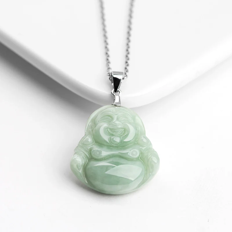 Collana con ciondolo in acciaio al titanio e catena di giada con Buddha che ride, Buddha Stones - Image 4