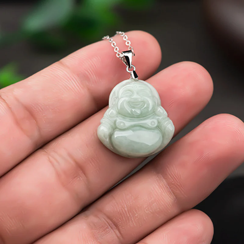 Collana con ciondolo in acciaio al titanio e catena di giada con Buddha che ride, Buddha Stones - Image 5