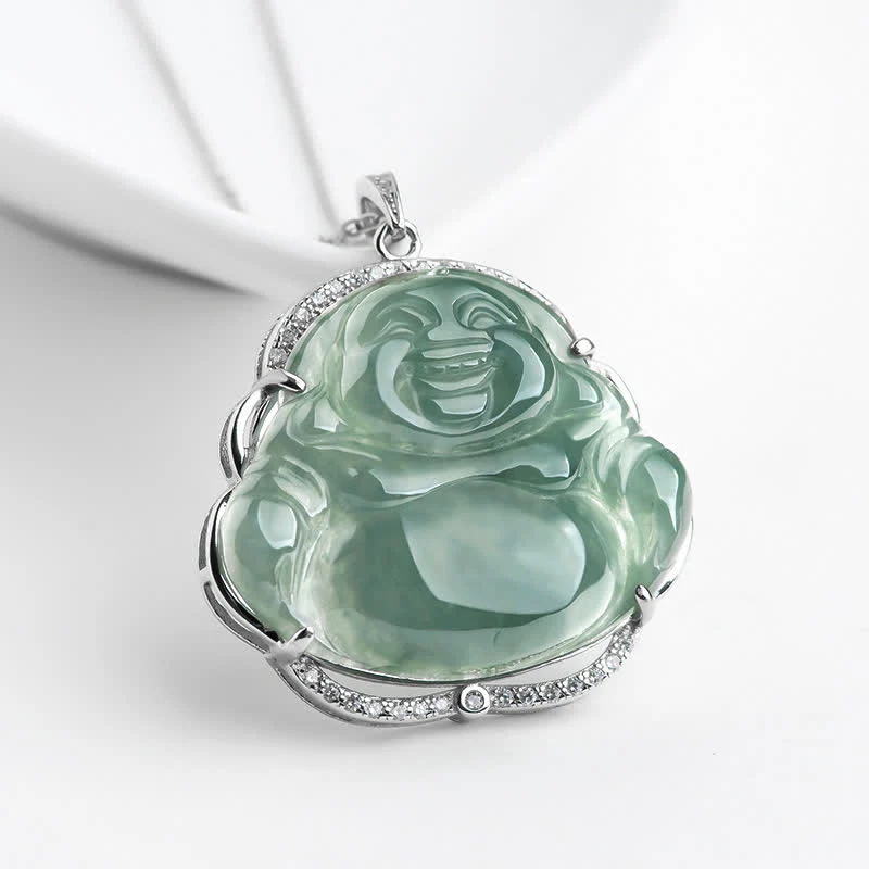 Collana con ciondolo in acciaio al titanio e catena in giada naturale con Buddha Stones Buddha Buddha che ride