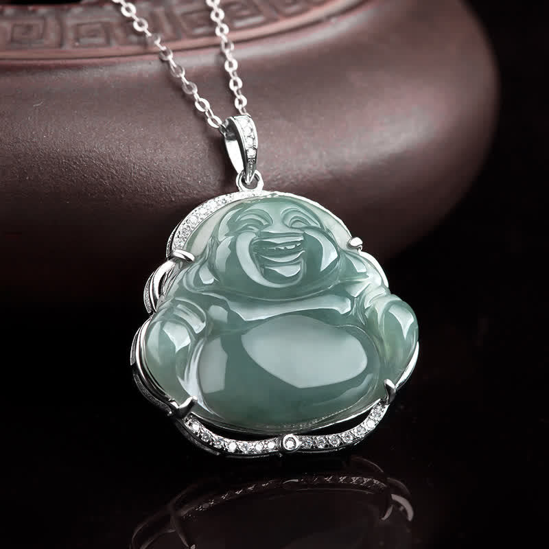 Collana con ciondolo in acciaio al titanio e catena in giada naturale con Buddha Stones Buddha Buddha che ride - Image 2