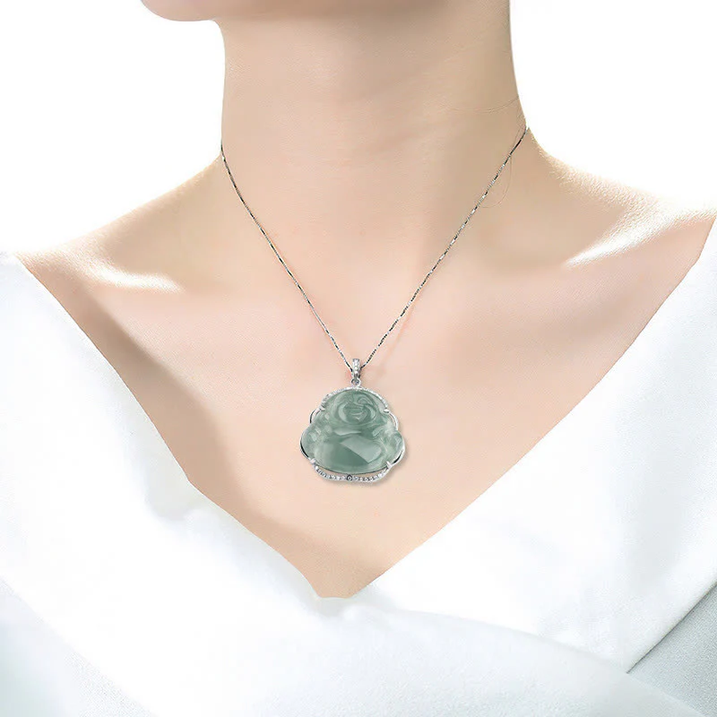 Collana con ciondolo in acciaio al titanio e catena in giada naturale con Buddha Stones Buddha Buddha che ride - Image 3